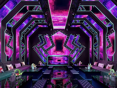 Modern Stylish KTV Room With Purple Neon Lighting Luxury Sofas TV Screen And Geometric Decorations 3d model