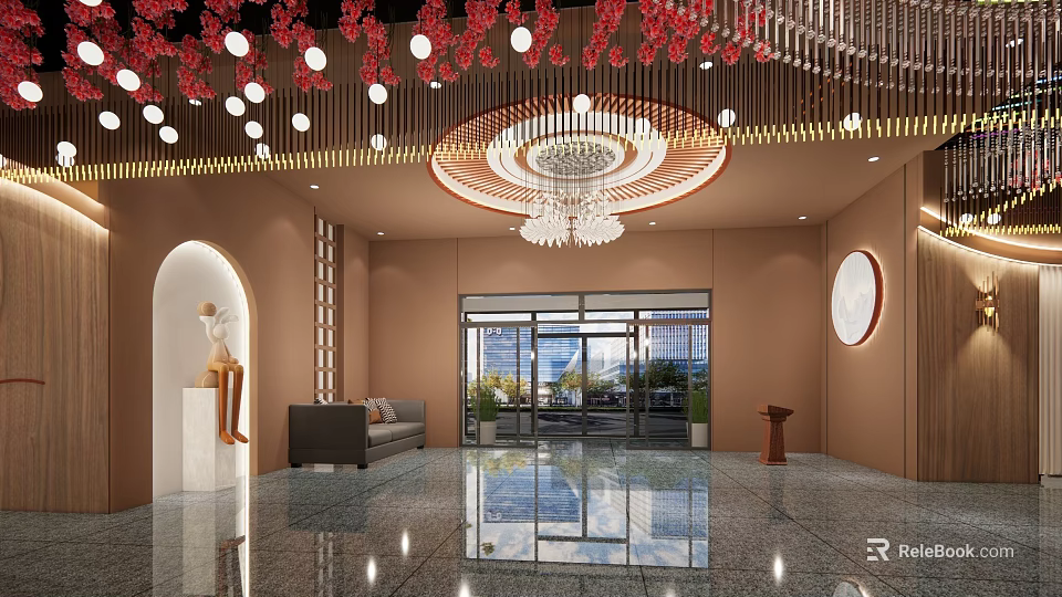 Luxurious Banquet Hall Interior Design With Crystal Chandelier Marble Floor And Floor to Ceiling Windows 3d model 