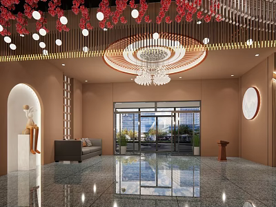 Luxurious Banquet Hall Interior Design With Crystal Chandelier Marble Floor And Floor to Ceiling Windows 3d model