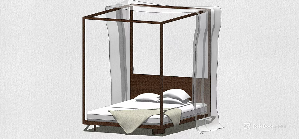 Elegant Double Bed With Dark Wooden Four Poster Frame And Transparent Curtains 3d model 