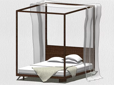 Elegant Double Bed With Dark Wooden Four Poster Frame And Transparent Curtains 3d model