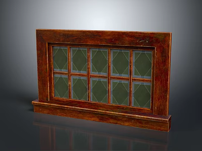 Vintage Wooden Screen with Brown Frame and Geometric Pattern Glass Panels 3d model