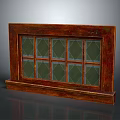 Vintage Wooden Screen with Brown Frame and Geometric Pattern Glass Panels