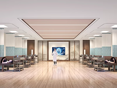 Spacious Conference Room Interior With Wooden Flooring Arranged Tables Chairs Front Screen And Person Standing 3d model