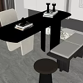 Modern Tea Table And Chairs Design With Black Desktop Upholstered Stools And Decorative Books