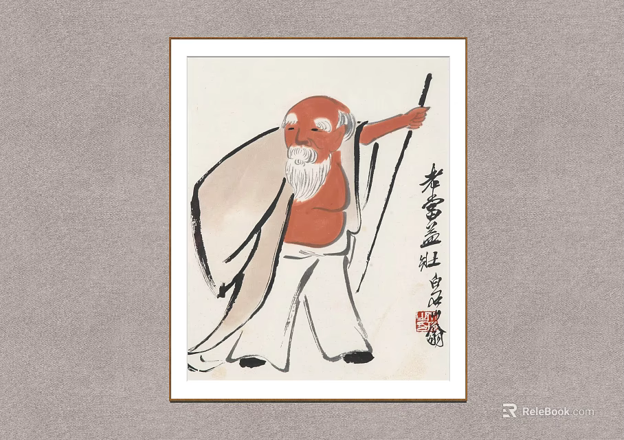 Traditional Chinese Figure Painting Of Elderly Man With White Beard Walking Stick And Chinese Calligraphy 3d model 