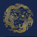 Golden Dragon And Phoenix Carving With Cloud Patterns Sun Motif On Deep Blue Background 3d model