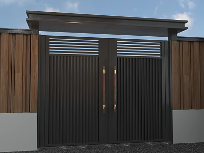 Black Double Security Door With Vertical Slats Golden Handles Wooden Walls And Top Light Fixture 3d model