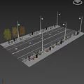 Neatly Arranged Road Facilities With Street Lamps Trees And Trash Bins Along Brick Pavement