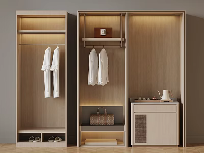 Modern Wardrobe Interior With Hanging Clothes Storage Shelves Bag Shoes And Tea Set 3d model