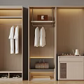 Modern Wardrobe Interior With Hanging Clothes Storage Shelves Bag Shoes And Tea Set