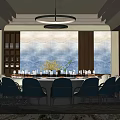 Elegant Modern Private Dining Room With Round Table Blue Chairs And Art Wall
