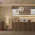 Modern Wooden Sideboard with Pendant Lights Grid Backdrop and Coffee Machine Cups 3d model