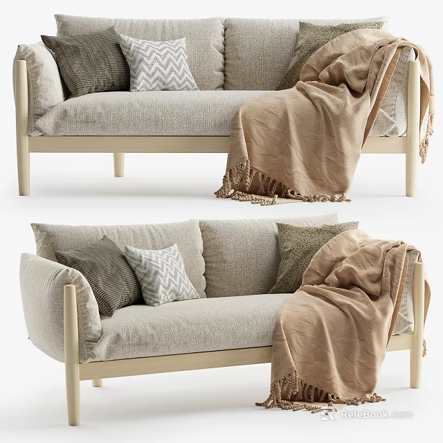 Light Gray Linen Multi Person Sofa With Wooden Legs Decorative Pillows And Knitted Blanket 3d model 