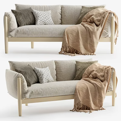 Light Gray Linen Multi Person Sofa With Wooden Legs Decorative Pillows And Knitted Blanket 3d model