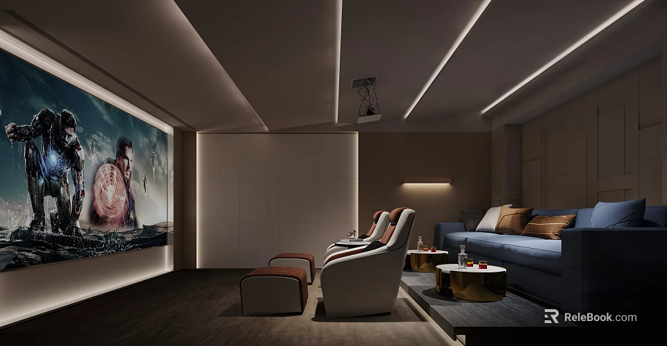 Cozy Modern Home Theater Interior with Recliner Seats Large Screen and Soft Lighting 3d model 