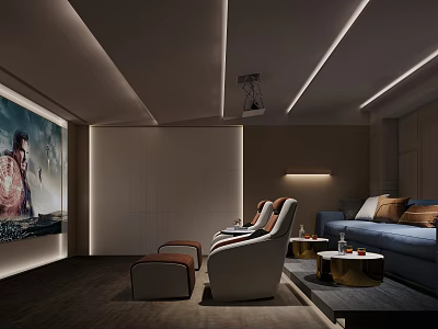 Cozy Modern Home Theater Interior with Recliner Seats Large Screen and Soft Lighting 3d model