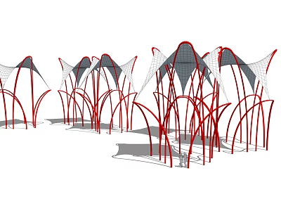 Tensile Membrane Structures With Red Curved Supports In Modern Landscape Design 3d model