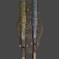 Vintage Old Fashioned Rifles Displayed On Wooden Stand With Lead Balls