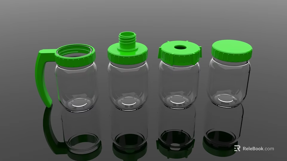 Four Transparent Spice Jars With Green Lids And One Handle For Kitchen Storage 3d model 