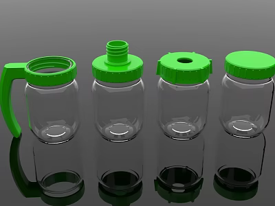 Four Transparent Spice Jars With Green Lids And One Handle For Kitchen Storage 3d model