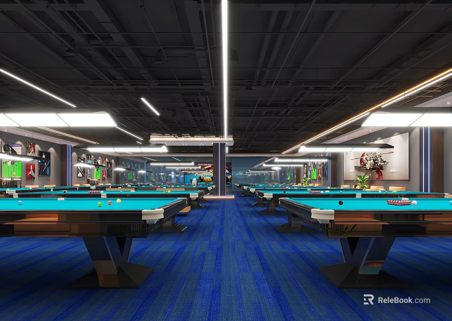 Spacious Well Lit Billiard Room Interior With Multiple Pool Tables Blue Carpet And Ceiling Lights 3d model 
