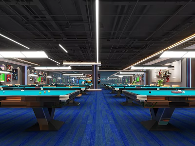 Spacious Well Lit Billiard Room Interior With Multiple Pool Tables Blue Carpet And Ceiling Lights 3d model