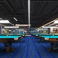 Spacious Well Lit Billiard Room Interior With Multiple Pool Tables Blue Carpet And Ceiling Lights