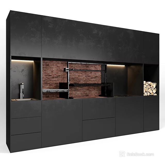 Black Modern Entryway Cabinet Sideboard With Red Brick Wall And LED Strip Lights 3d model 