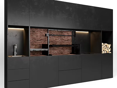 Black Modern Entryway Cabinet Sideboard With Red Brick Wall And LED Strip Lights 3d model