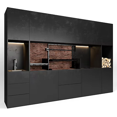 Black Modern Entryway Cabinet Sideboard With Red Brick Wall And LED Strip Lights 3d model