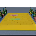 Vibrant Yellow Brick Pathway With Colorful Blocks And Decorative Pillars