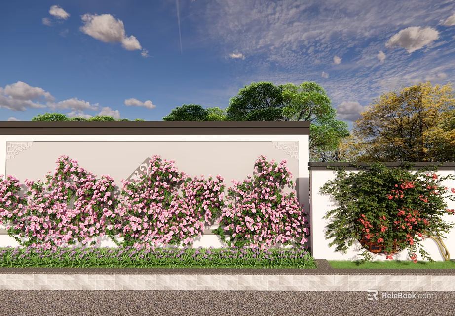 Outdoor Living Plant Wall Decorated With Pink Flowers Green Plants And Blue Sky 3d model 
