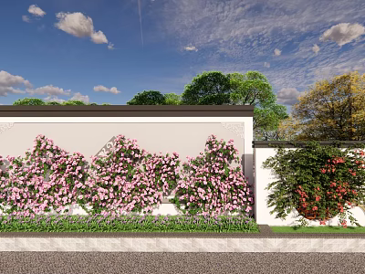 Outdoor Living Plant Wall Decorated With Pink Flowers Green Plants And Blue Sky 3d model