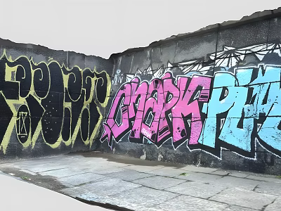 Colorful Graffiti Wall Decor on Gray Urban Wall with Stone Floor 3d model