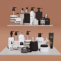 Stylish Bathroom Accessories Organized On Shelves With Various Bottles And Containers