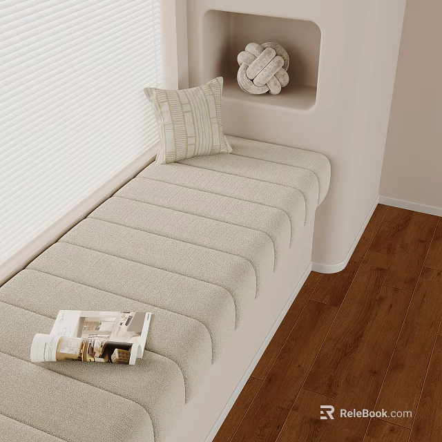Cozy Modern Window Seat With Upholstered Cushion Striped Pillow And Wooden Floor 3d model 