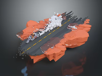 Speeding Motorcycle Riding On Broken Road With Orange Rocks And Flying Debris 3d model