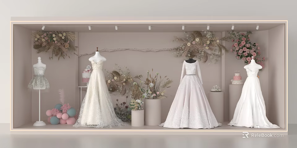 Elegant Bridal Shop Window Display With Lace Wedding Dresses And Floral Decorations 3d model 