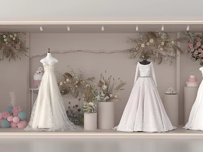 Elegant Bridal Shop Window Display With Lace Wedding Dresses And Floral Decorations 3d model