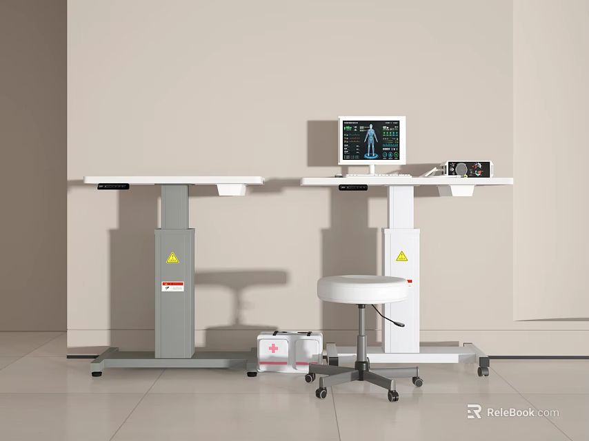 White Medical Equipment Workstation With Display Screen Stool And Small Case 3d model 