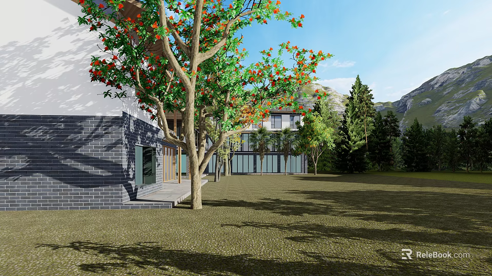 Modern Brick House Exterior With Flowering Trees Grassland And Mountain Backdrop 3d model 