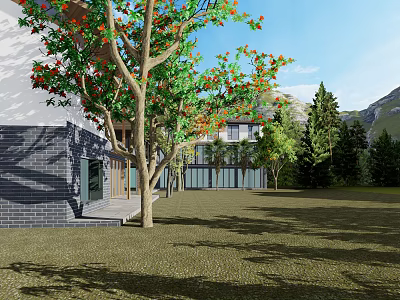 Modern Brick House Exterior With Flowering Trees Grassland And Mountain Backdrop 3d model