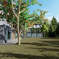 Modern Brick House Exterior With Flowering Trees Grassland And Mountain Backdrop