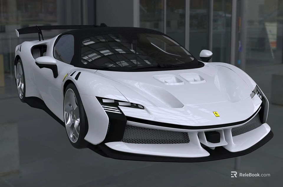 White Ferrari Sports Car With Sleek Design Black Roof And Silver Wheels In Indoor Showroom 3d model 