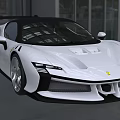 White Ferrari Sports Car With Sleek Design Black Roof And Silver Wheels In Indoor Showroom