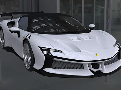 White Ferrari Sports Car With Sleek Design Black Roof And Silver Wheels In Indoor Showroom 3d model