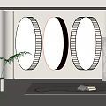 Three Modern Oval Mirrors With Decorative Frames In Interior Featuring Wall Patterns Plant And Books 3d model