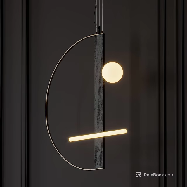 Modern Elegant Black Metal Chandelier with Round Bulb and Long Strip Light in Minimalist Design 3d model 