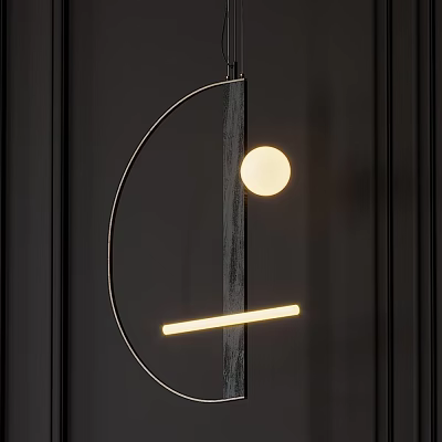 Modern Elegant Black Metal Chandelier with Round Bulb and Long Strip Light in Minimalist Design 3d model